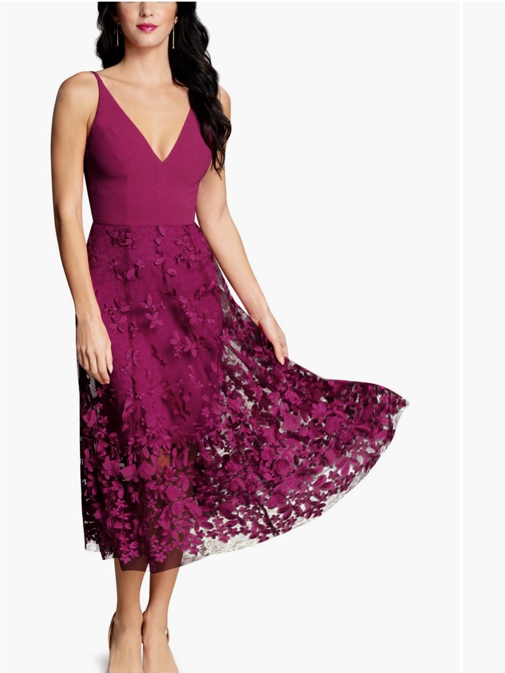 Dress the Population Magenta V-Neck Midi Dress with Floral Appliqué